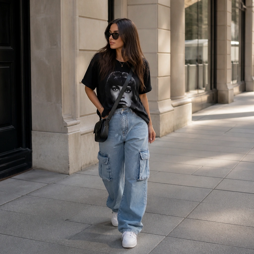 Light blue cargo jeans with a black graphic tee tucked in at the front only, creating a slight “mini skirt” effect. White sneakers, black sunglasses, and a small crossbody bag.