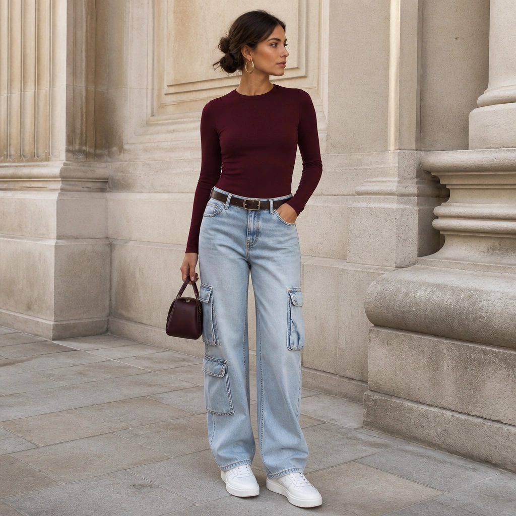 Light blue cargo jeans styled with a burgundy fitted long sleeve top tucked in, paired with white sneakers. Gold hoop earrings, a slim belt, and a small structured bag.