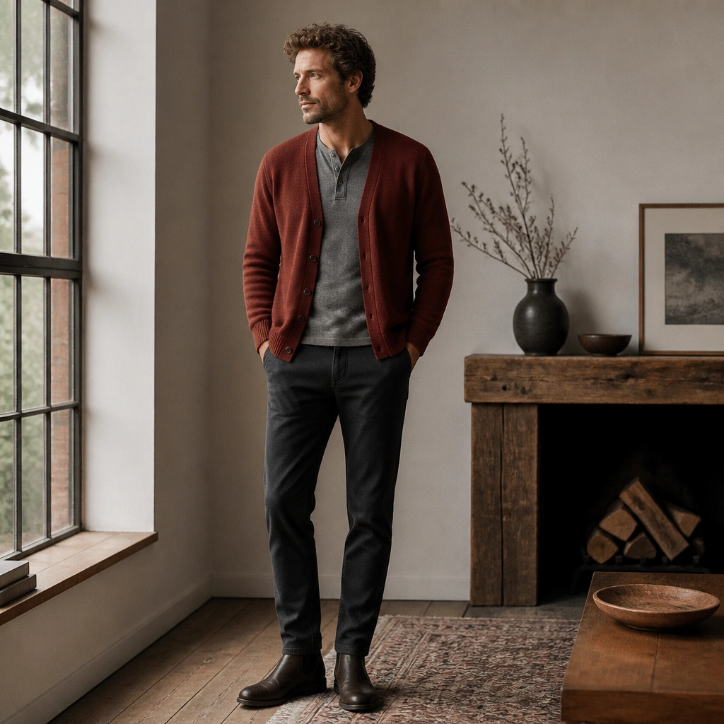 A man in a brick red cardigan layered over a gray henley, wearing charcoal chinos and dark brown Chelsea boots. The hem sits around the mid-hip, showing a tidy, slightly tailored silhouette.