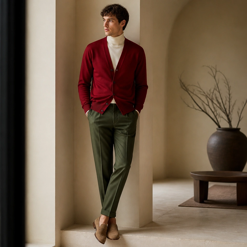 A man wearing a cherry red cardigan over a cream turtleneck, styled with olive green tailored trousers and tan suede loafers. The outfit shows a clean, modern contrast at the waist and ankle.