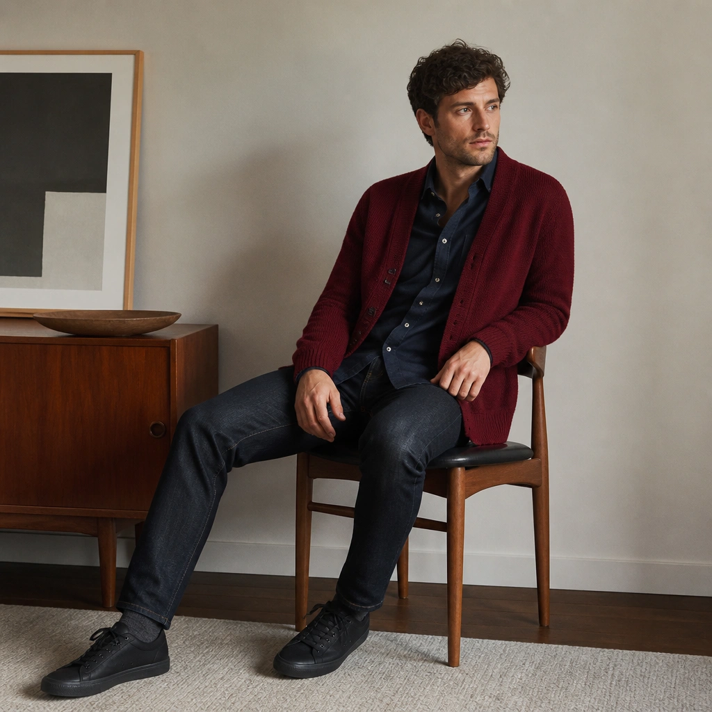 A man in a deep red cardigan over a navy Oxford button-down, wearing dark indigo jeans and minimal black sneakers. The cardigan is slightly open, with the collar visible.