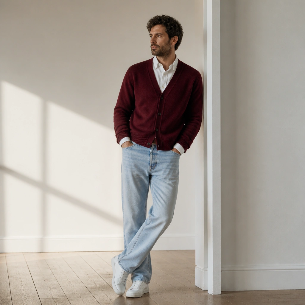 A man wearing a burgundy red cardigan over a white Oxford shirt, tucked into light wash jeans. He has on white sneakers and the cardigan is worn buttoned with a slightly relaxed fit.