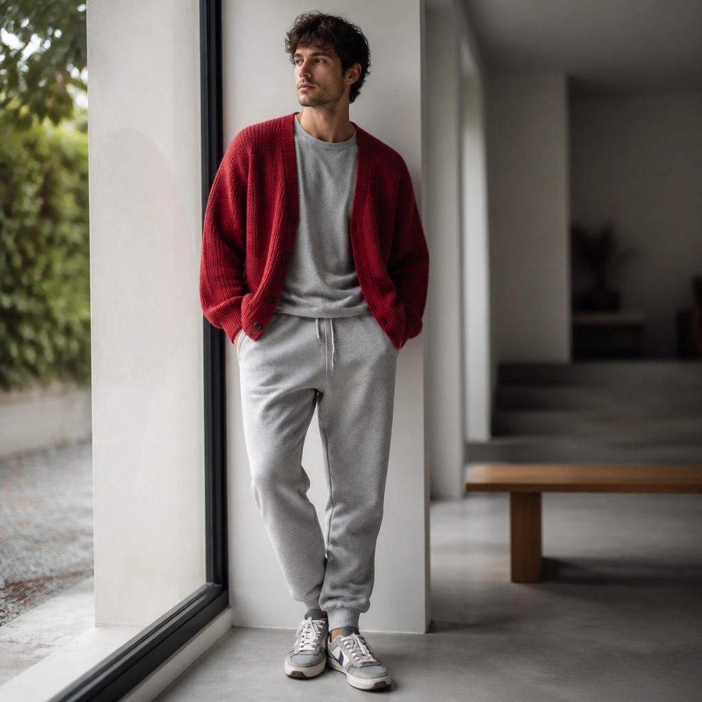 A man in a red cardigan worn over a simple gray tee, paired with heather gray sweatpants and retro-style running sneakers. The cardigan is open, showing a relaxed streetwear vibe.