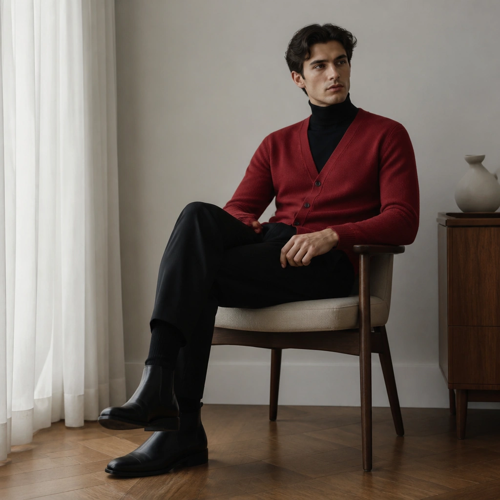 A man wearing a red cardigan over a fitted black turtleneck, styled with black tapered trousers and black leather boots. The cardigan is buttoned, and the neckline frames the turtleneck.