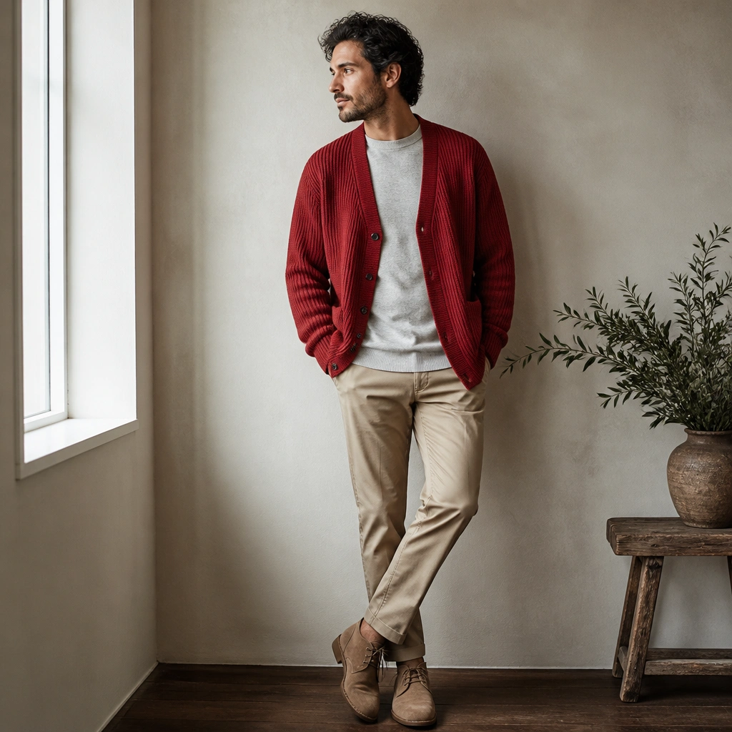 A man in a red cardigan over a light gray crew-neck, paired with beige chinos and tan suede desert boots. The cardigan has visible knit texture and falls to mid-hip.