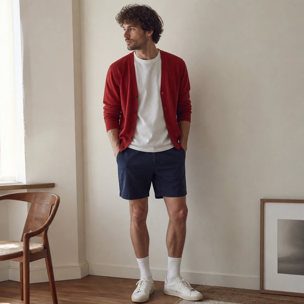 A man wearing a red cardigan lightly open over a white graphic-free tee, with navy shorts and white crew socks. He’s also wearing low-profile sneakers, and the cardigan sleeves are casually pushed up.