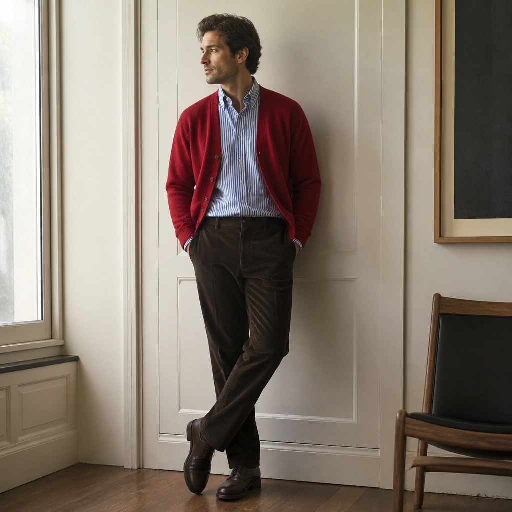 A man in a red cardigan over a blue-and-white striped button-down, paired with dark brown corduroy pants and dark leather shoes. The cardigan is slightly open, showing the stripes clearly.