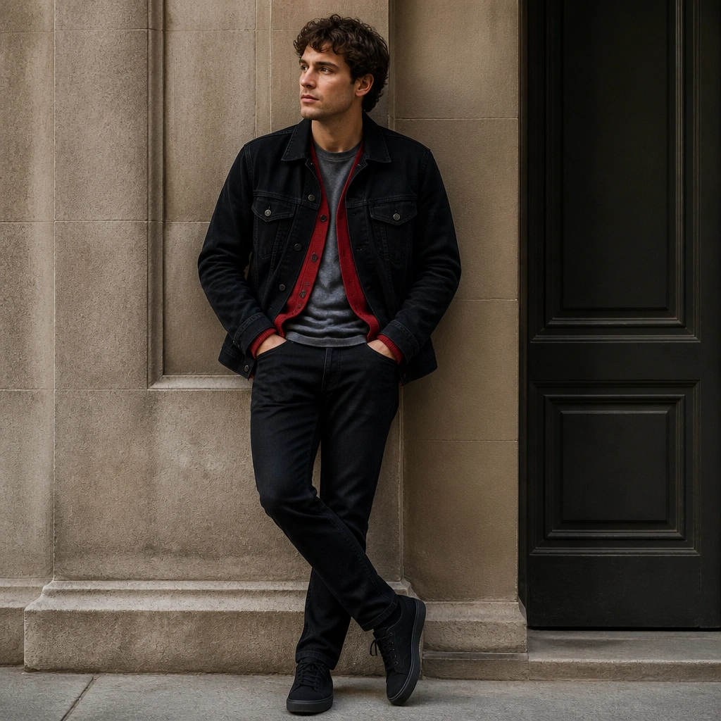 A man wearing a red cardigan over a gray tee, layered with a black denim jacket on top. The outfit includes black jeans and dark sneakers, with the red cardigan visible at the edges.