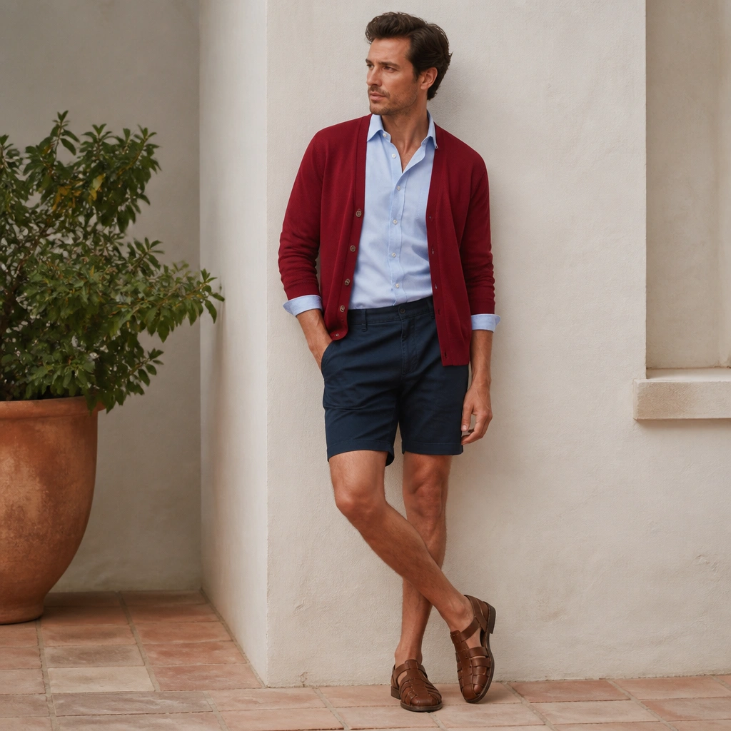 A man in a red cardigan worn open over a light blue Oxford shirt, paired with dark chino shorts and brown leather sandals or casual shoes. The shirt collar is visible under the cardigan.