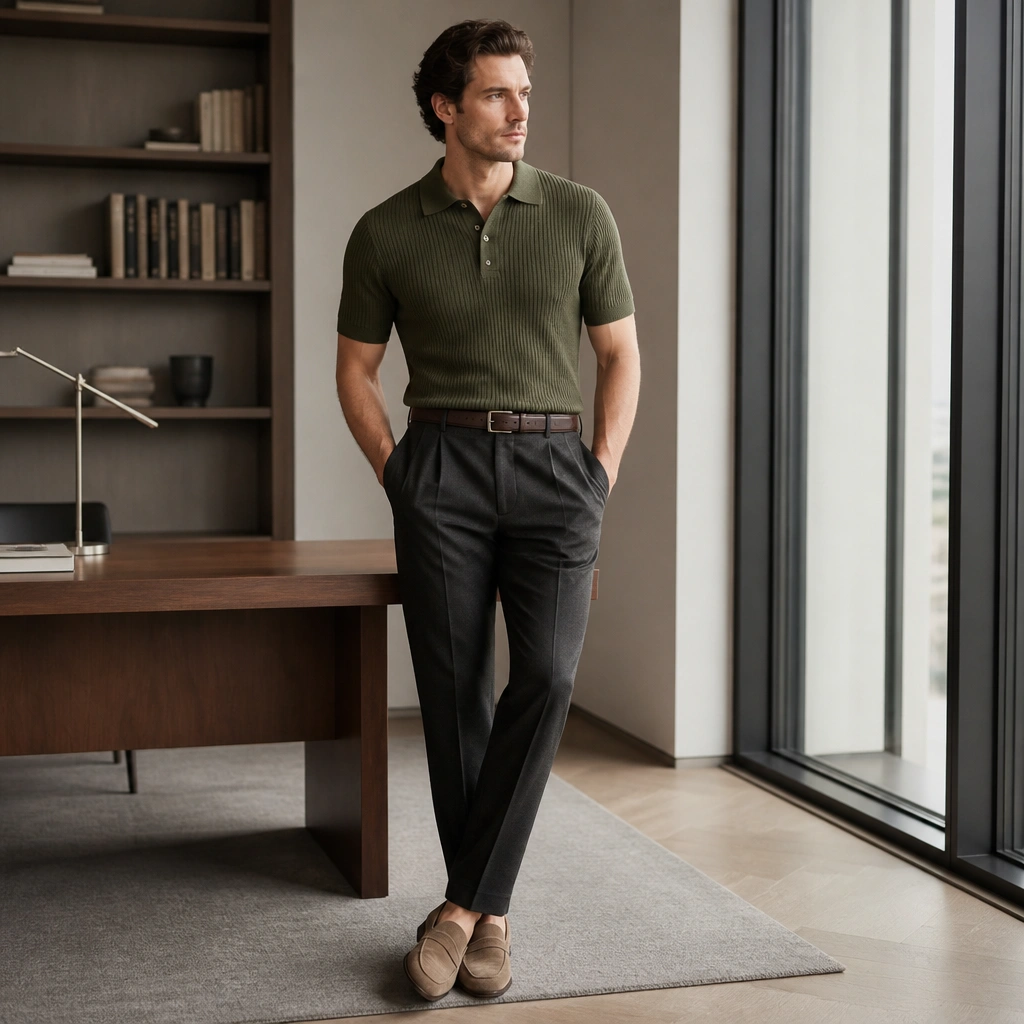 An olive ribbed knit polo tucked into charcoal tailored trousers with a slim leather belt and tan suede loafers; the look is neat, slightly relaxed, and office-appropriate.