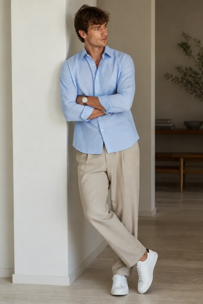 A light blue Oxford shirt worn untucked over beige pleated trousers, styled with very clean white leather low-top sneakers; subtle watch and no visible branding.