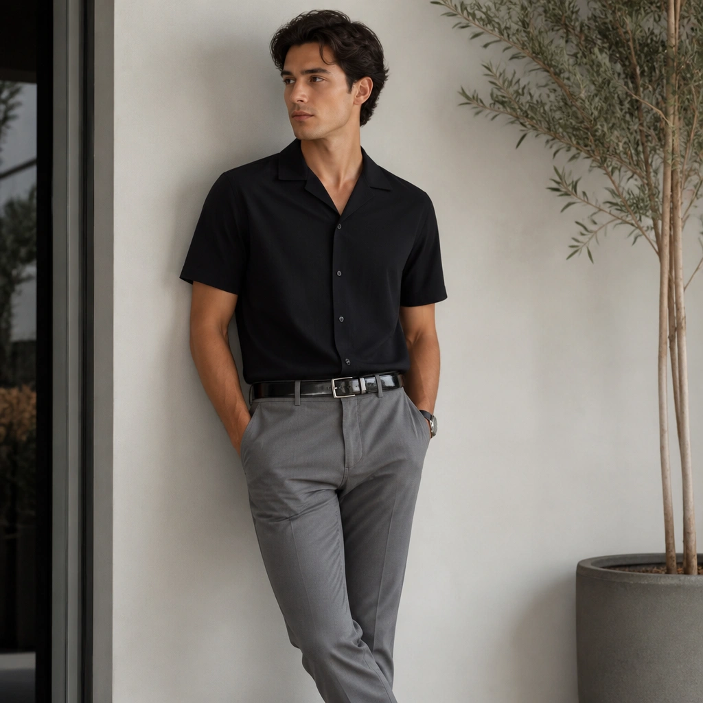 A black camp-collar shirt with a structured collar, paired with grey tapered chinos and a glossy black belt; minimal watch, clean styling.