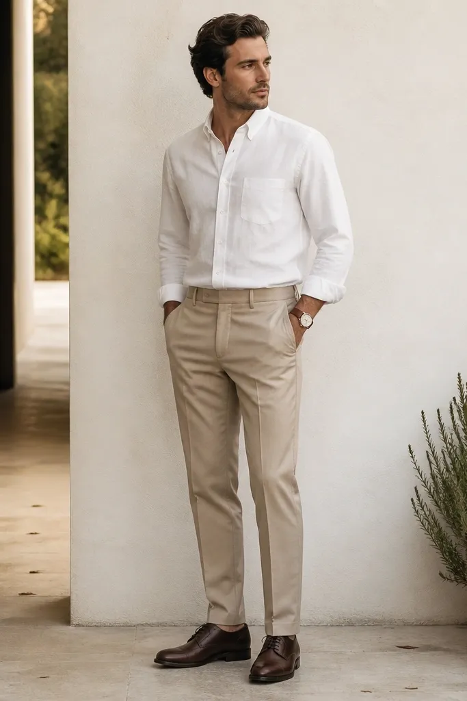A white chambray shirt worn tucked into light tan suit trousers with dark brown derbies; the outfit is clean, bright, and balanced with a leather watch.