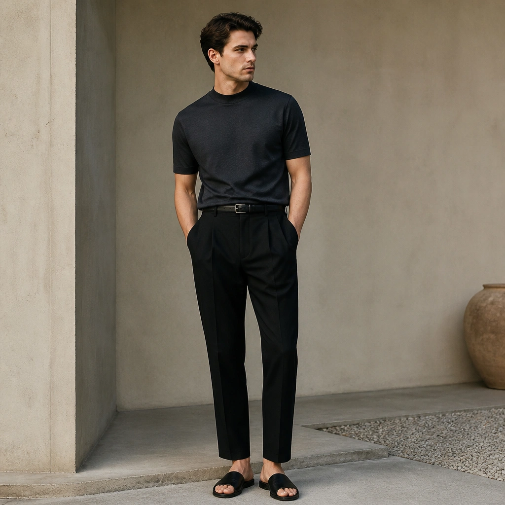 A charcoal structured t-shirt with a thick collar, tucked into black pleated trousers; minimal black leather slides and a clean belt.