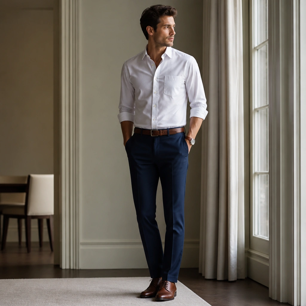 A white seersucker button-down with subtle texture, tucked into navy chino-suiting trousers; cognac watch strap visible; clean belt and polished shoes.