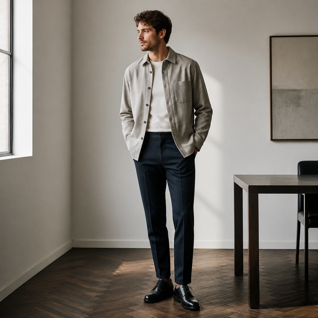 A light grey overshirt worn open over a tee or thin shirt, paired with navy tapered trousers and black oxford shoes; layered, office-ready look.