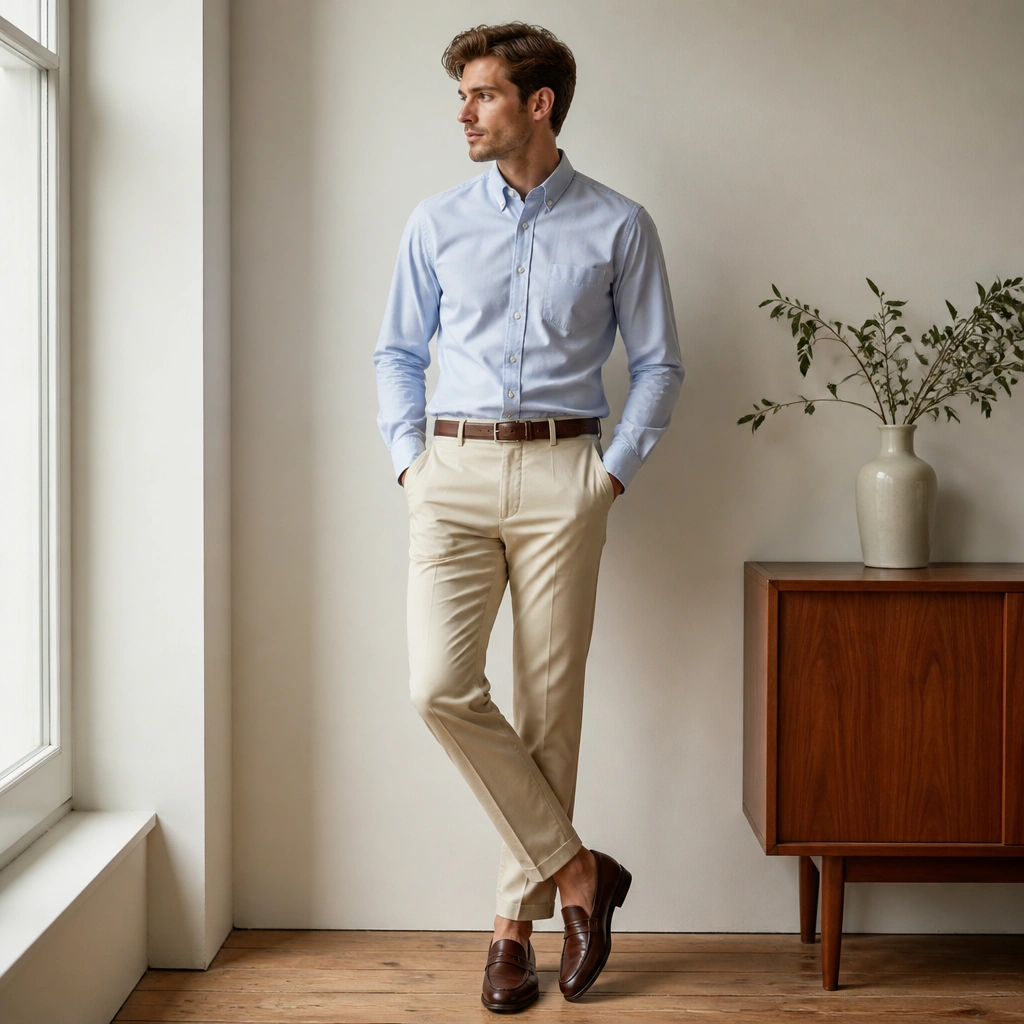 A powder-blue oxford shirt buttoned at the collar, tucked into beige tapered trousers with a medium-brown leather belt; the shoes are dark brown leather loafers.