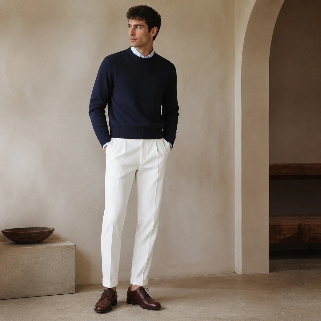 A man wearing a navy crewneck knit over a light blue or white base, paired with white pleated trousers and brown lace-up oxfords.
