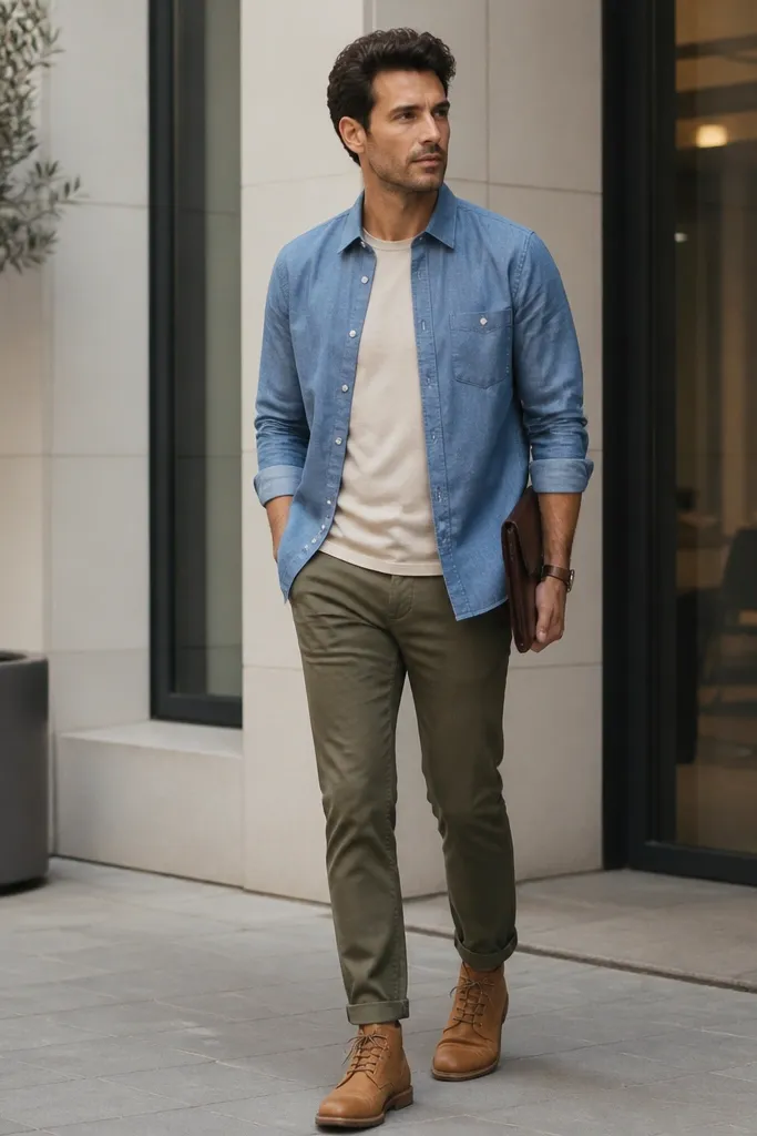 A blue chambray overshirt worn open over a neutral tee, with olive chinos and tan leather lace-up boots; the image looks like a street-style office day.