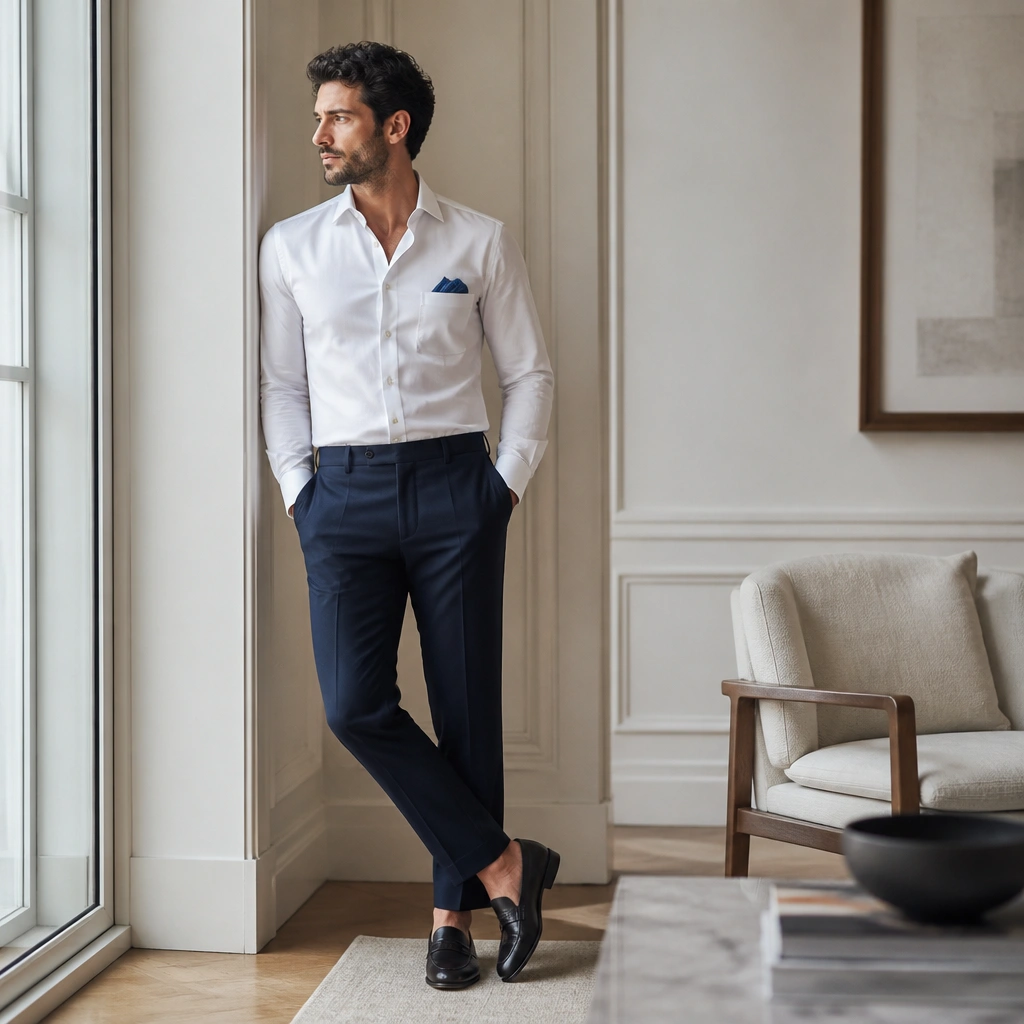 A white dress shirt with a folded blue pocket square, navy suit trousers, and dark leather loafers; the jacket is removed for a lighter business casual feel.