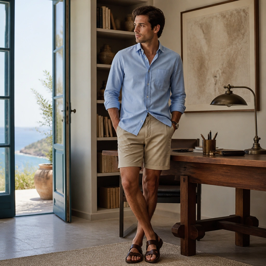 A blue poplin shirt worn half-tucked with tan chino shorts and dark brown leather strapped sandals; the look is styled neatly as a vacation-office hybrid.