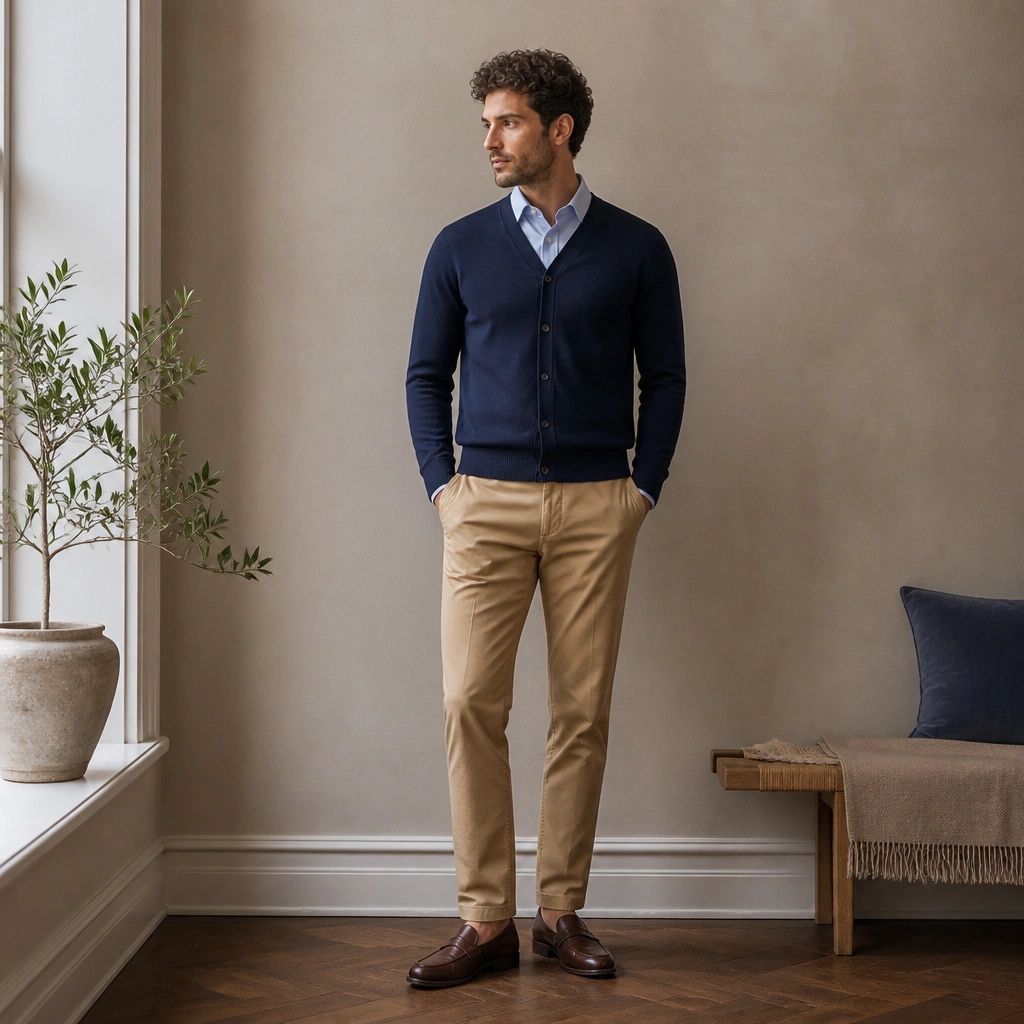 A navy cardigan fully buttoned over a light blue Oxford shirt, paired with tan chinos; brown leather loafers finish the outfit, and the collar is neatly visible.