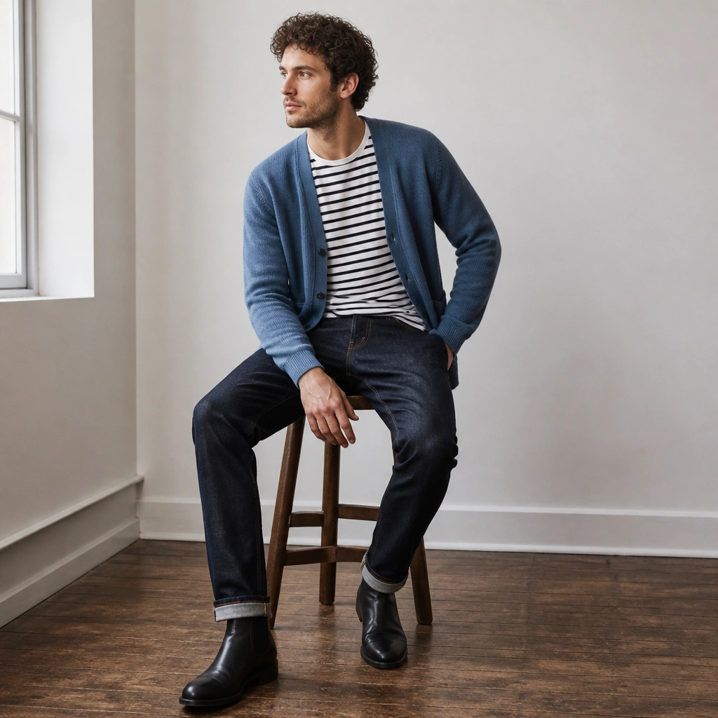 A heather-blue cardigan worn open over a black-and-white striped T-shirt, with dark indigo jeans and black Chelsea boots; the outfit looks relaxed but styled.