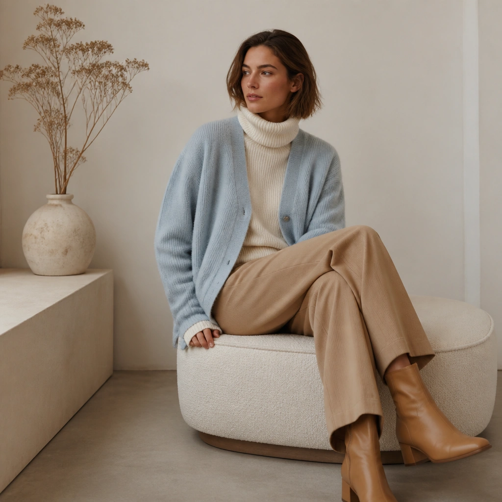 An ice-blue cardigan layered over a cream knit turtleneck, paired with camel-colored trousers; the look is monochrome-warm with tan boots and a clean, minimal silhouette.