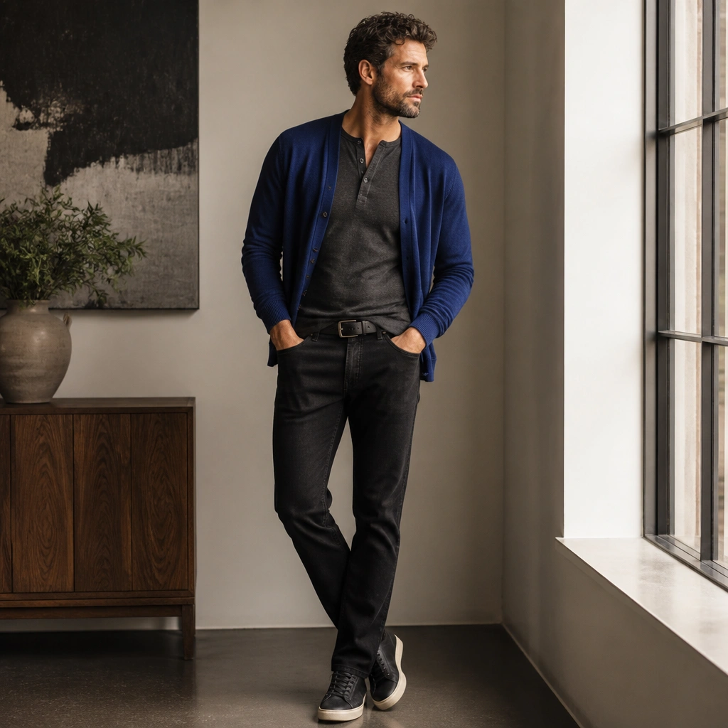 A royal-blue cardigan worn open over a charcoal henley, paired with black jeans; the styling includes a belt and simple dark sneakers.