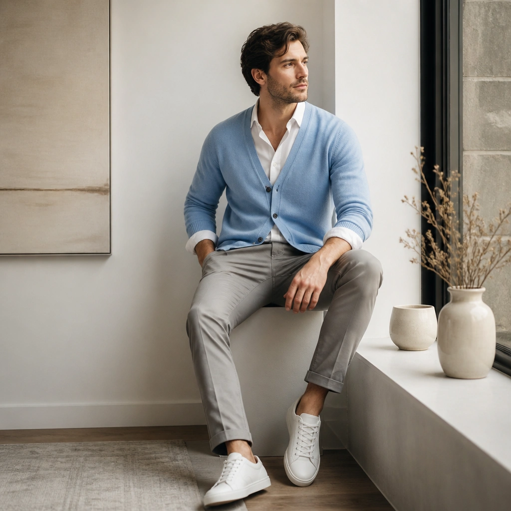 A sky-blue cardigan layered over a white button-down shirt, with the shirt collar visible and the sleeves slightly cuffed; grey chinos and white low-top sneakers complete the look.
