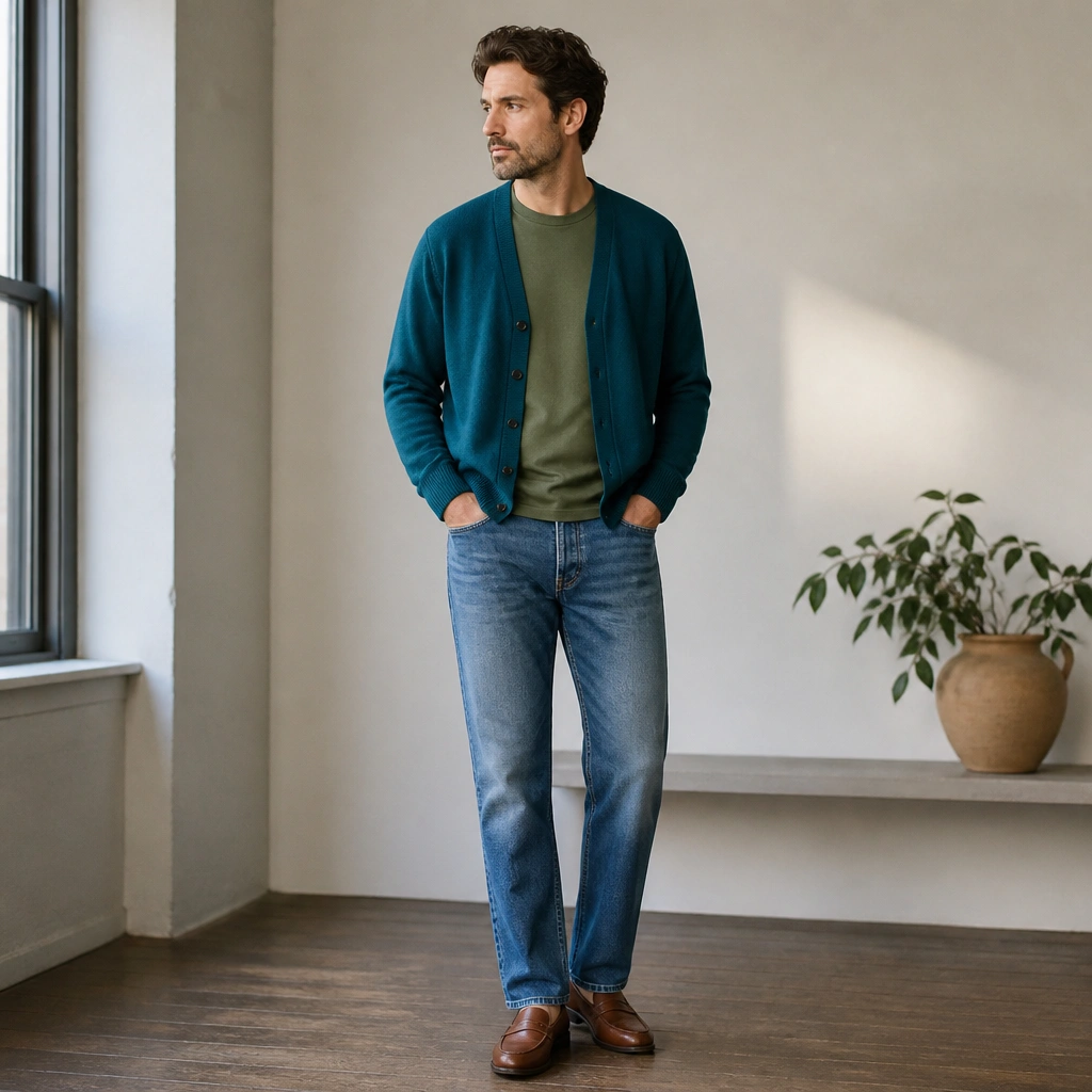 A teal-blue cardigan over an olive green T-shirt, paired with straight-leg medium wash denim; the look uses brown loafers and a relaxed, everyday stance.