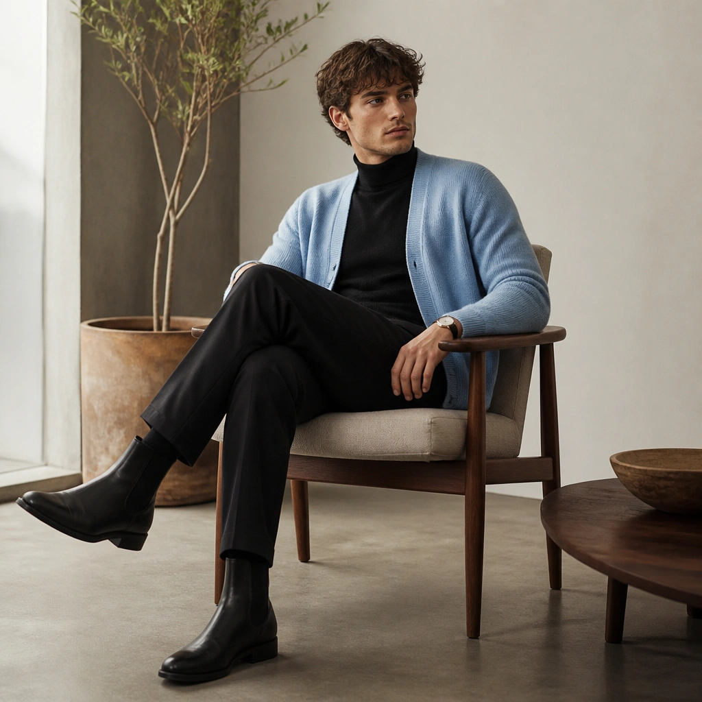 A powder-blue cardigan worn open over a black turtleneck, paired with black trousers; dark leather boots and a minimal watch sit in the frame.