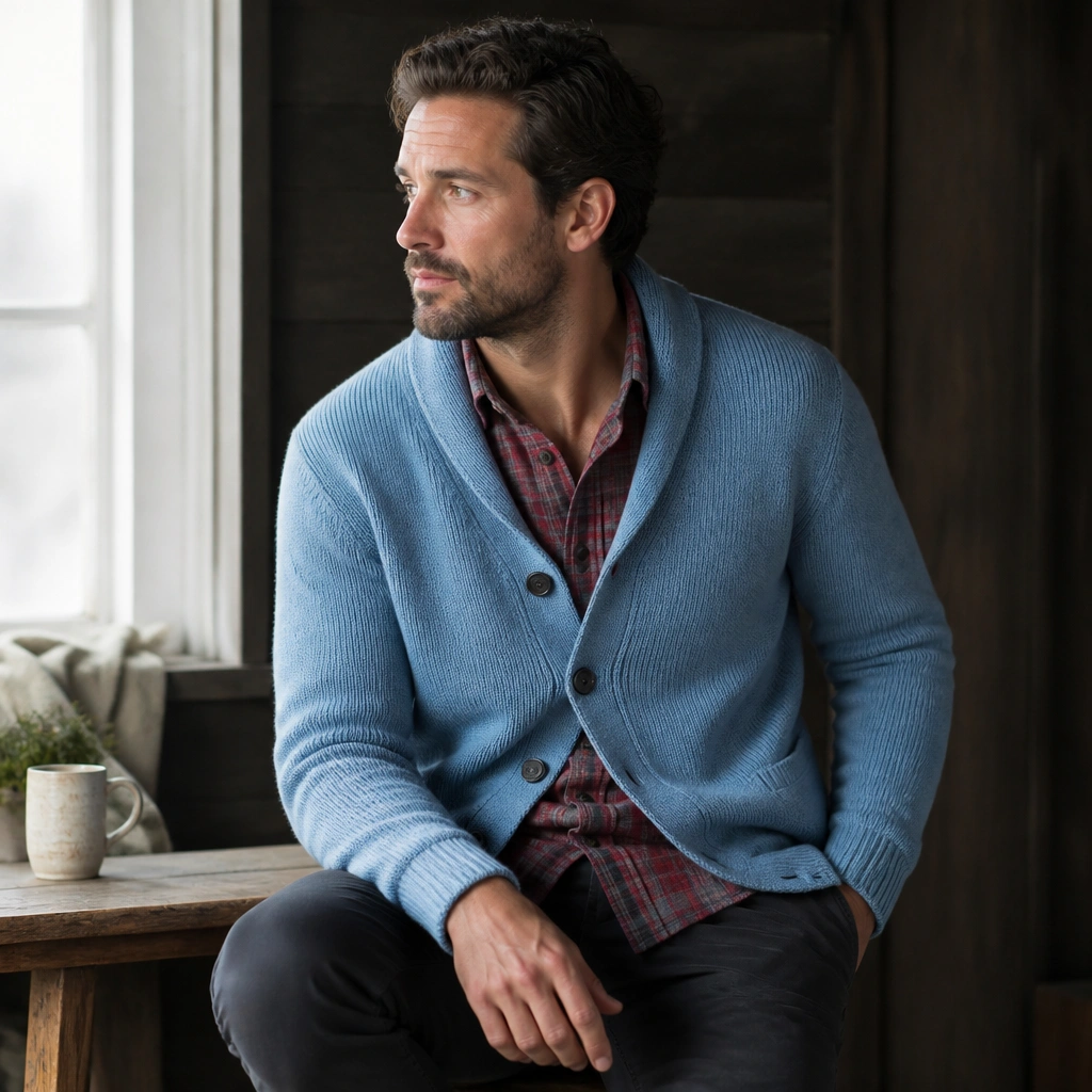 A light blue cardigan layered over a red-and-grey plaid flannel, paired with dark chinos; the cardigan is buttoned halfway and the outfit looks rugged-casual.