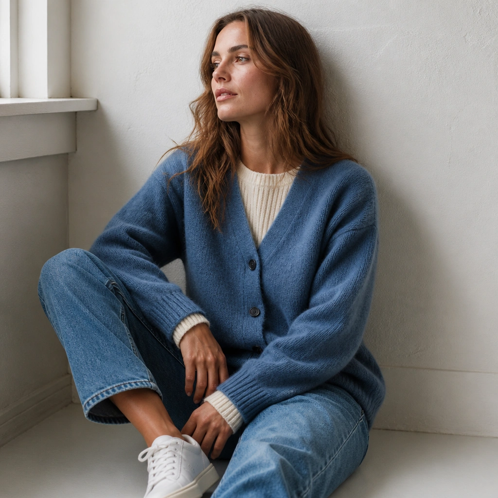 A blue cardigan worn over a lighter knit top (white or cream) that peeks at the neckline and cuffs, with medium wash jeans and white sneakers; the focus is on layered textures.
