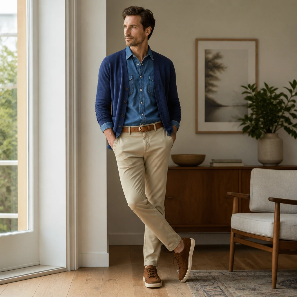 A blue cardigan worn open over a denim button-up shirt, paired with stone-colored chinos; tan belt and brown sneakers complete the outfit.