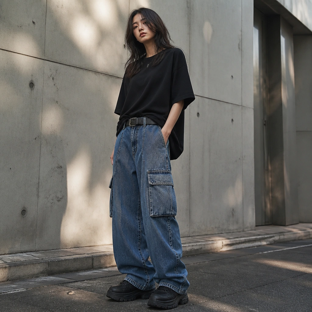 Blue cargo jeans worn with an oversized black T-shirt half-tucked, a black belt at the waist, and chunky black sneakers. The image shows a relaxed streetwear silhouette.