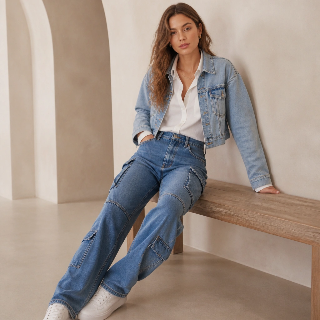 Blue cargo jeans with a crisp white button-down tucked in, plus a cropped light denim jacket worn open. White sneakers and a simple gold necklace are visible.