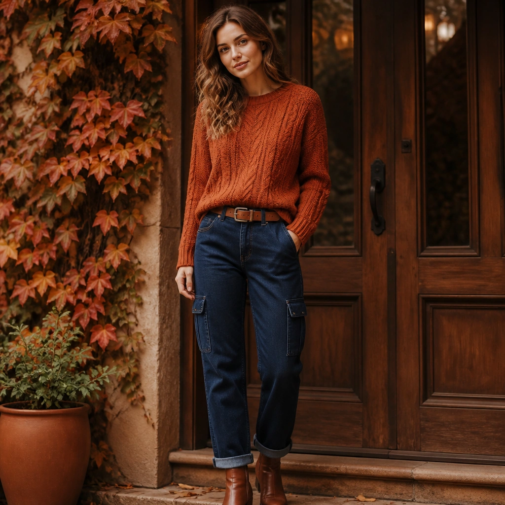 Dark blue cargo jeans styled with a rust-orange cable-knit sweater, a cognac leather belt, and brown ankle boots. The image shows cozy fall tones in warm lighting.