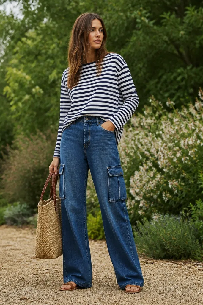 Blue cargo jeans with a navy-and-white striped Breton top tucked slightly at the front, tan flat sandals, and a woven straw tote. Outdoor greenery background.