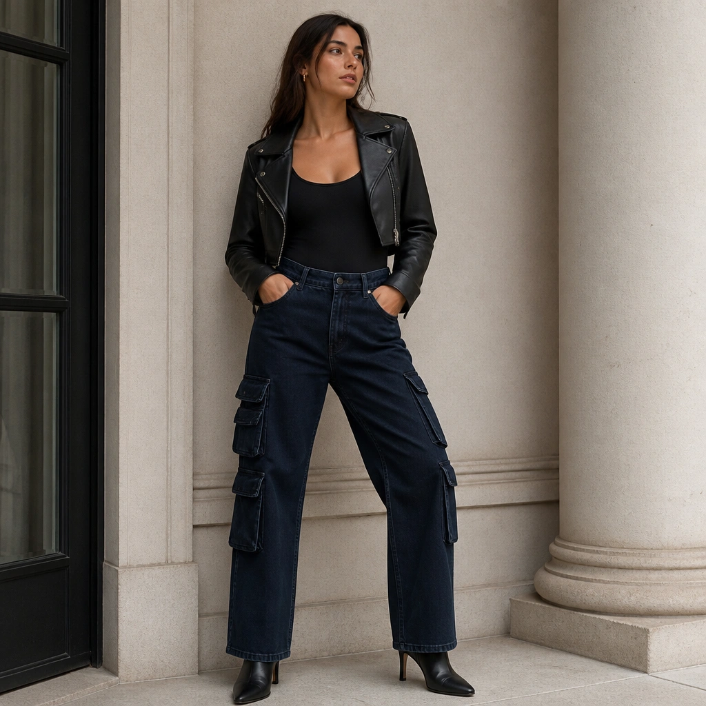 Dark blue cargo jeans paired with a fitted black bodysuit and a cropped black moto jacket. The look includes black heeled ankle boots and small hoop earrings.