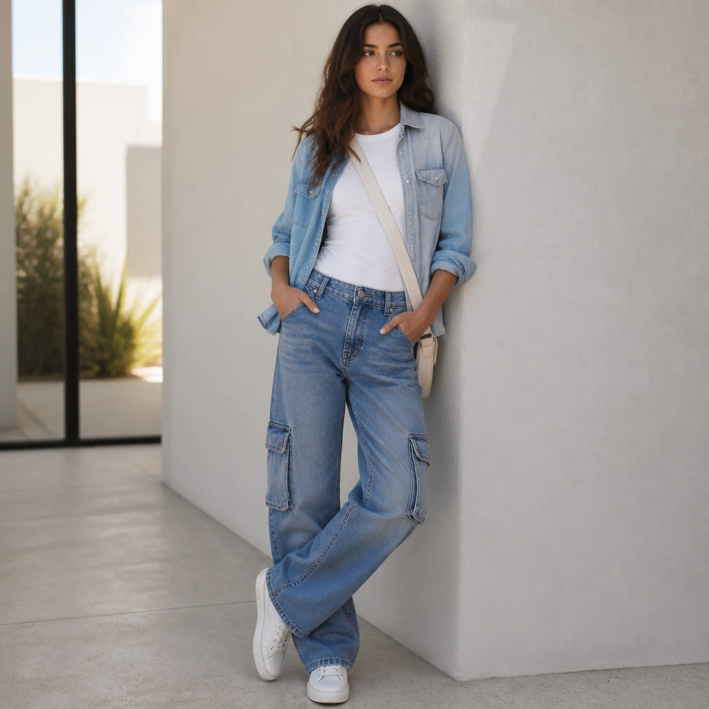 Blue cargo jeans with a slightly lighter chambray button-up worn open over a white tee, sleeves rolled. White sneakers and a light crossbody bag are shown.