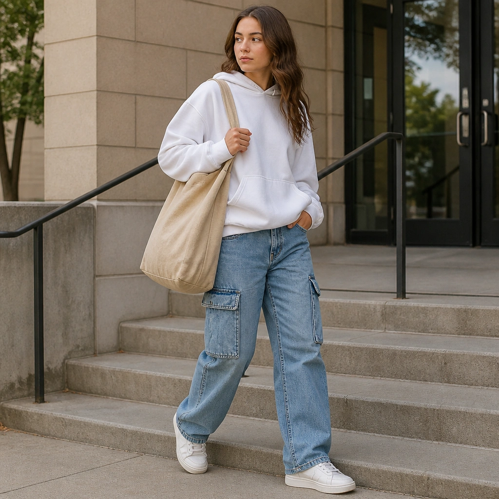 Blue cargo jeans with a white hoodie worn relaxed, an oversized canvas tote in neutral beige, and clean white sneakers. The image shows a casual campus or errands vibe.