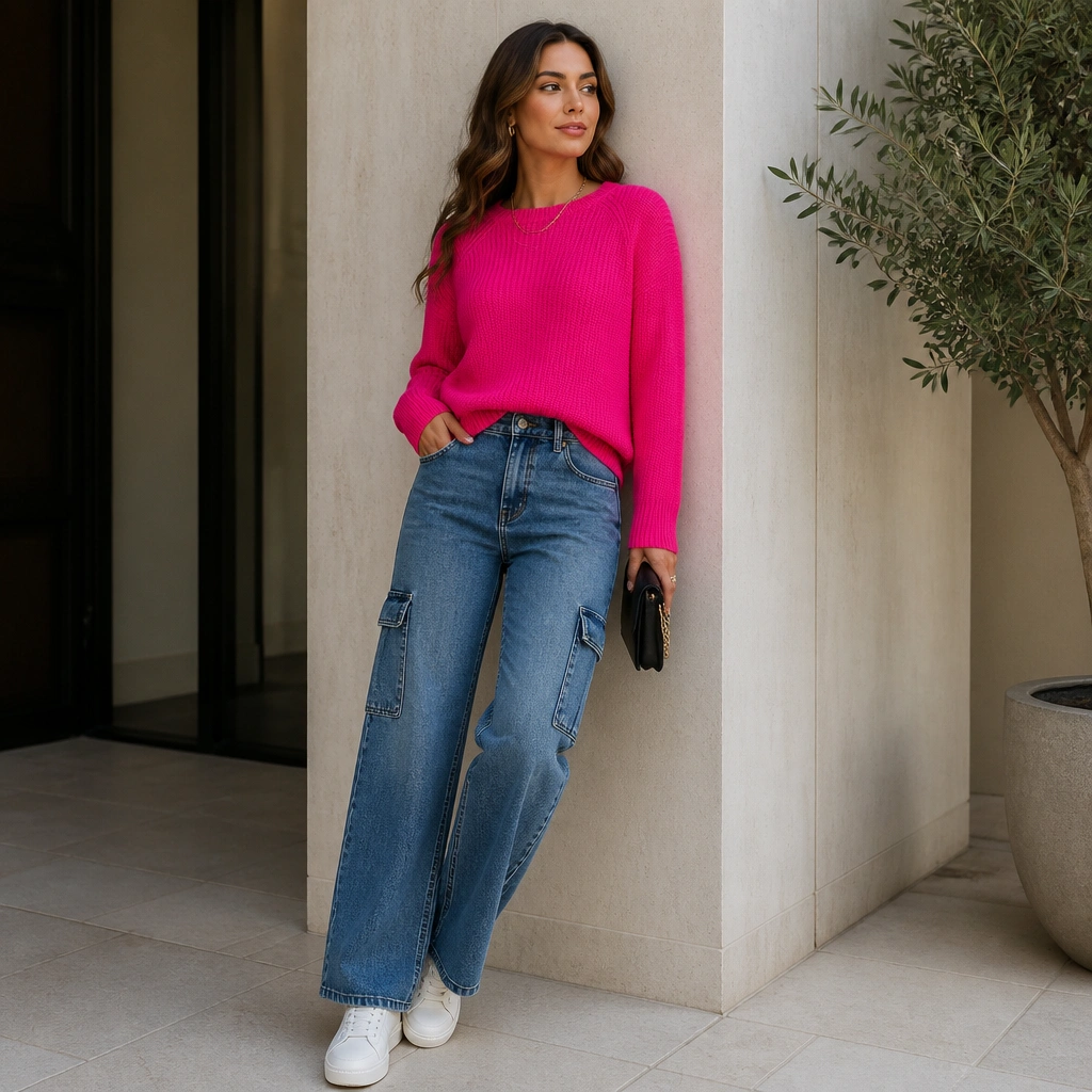 Mid-blue cargo jeans styled with a bright fuchsia knit top, thin gold necklace, and simple white sneakers. A small black clutch or mini bag is visible.