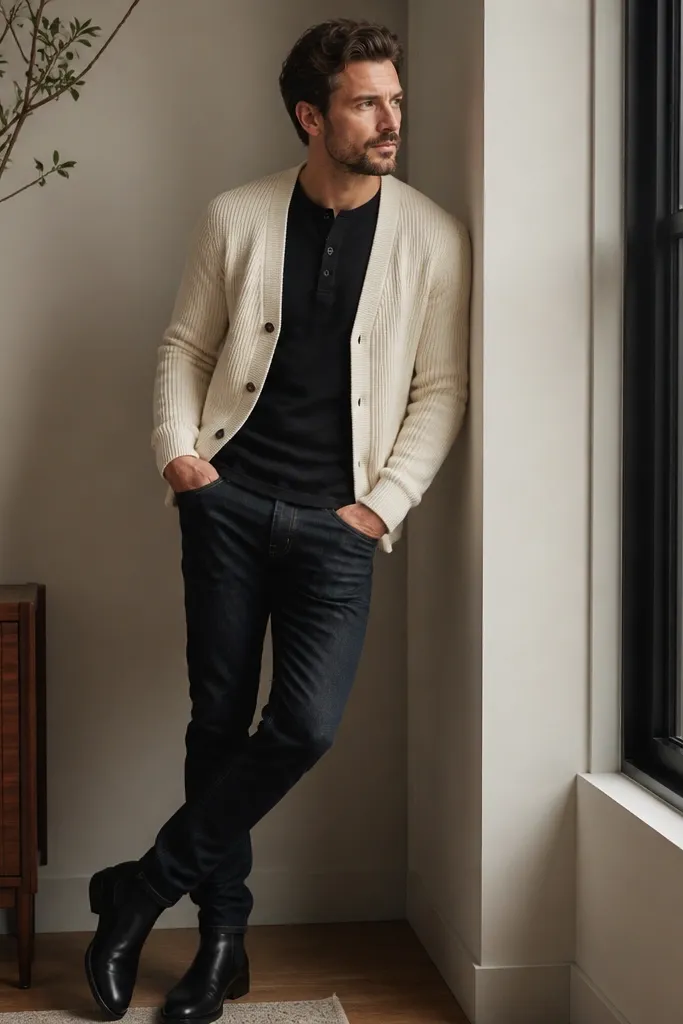 A man in a cream cardigan layered over a black henley, with dark wash slim jeans and black Chelsea boots, photographed indoors near a window.