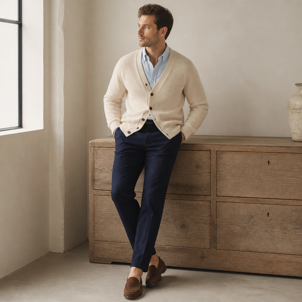 A man wearing a cream cardigan over a light blue button-down oxford shirt, navy chinos, and brown loafers, with the shirt collar visible.