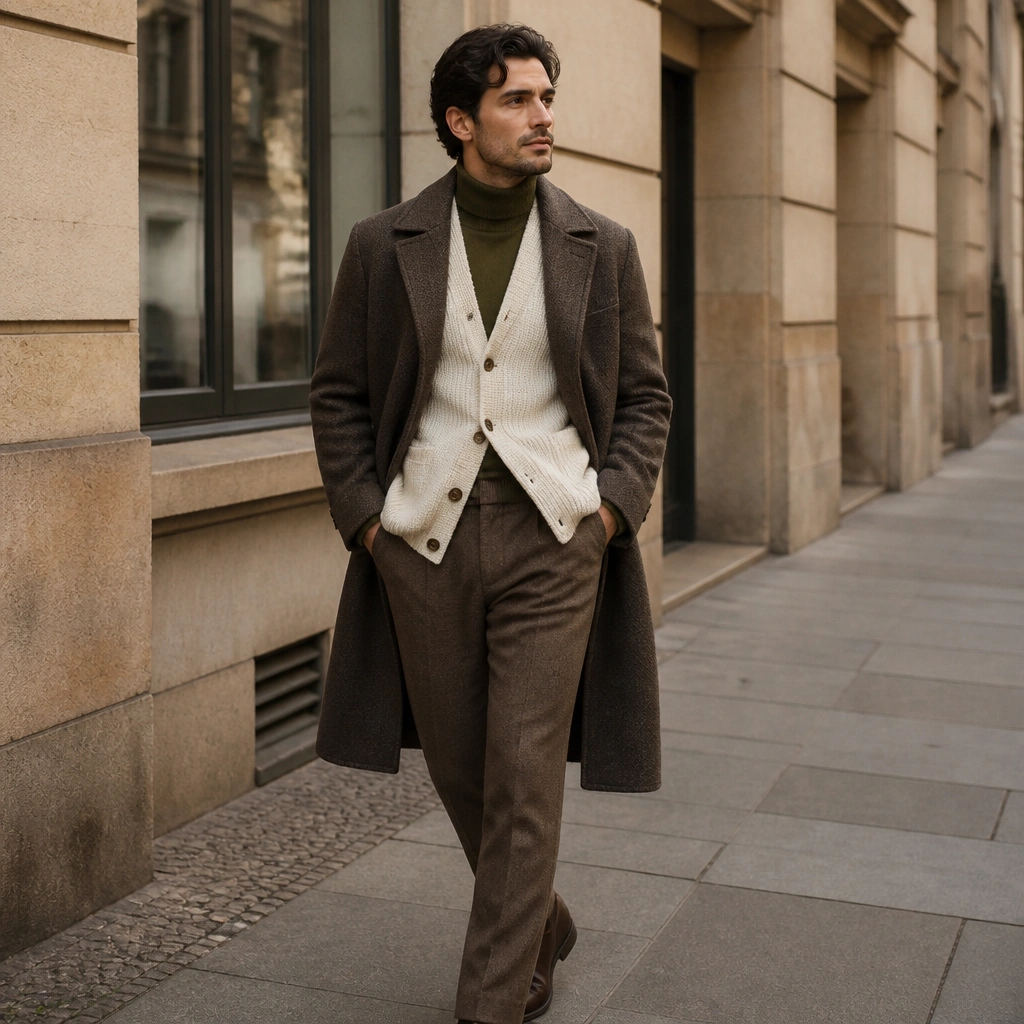 A man dressed in an oat cream cardigan over an olive turtleneck, paired with brown wool trousers and a long overcoat-style stance, photographed in a street setting.
