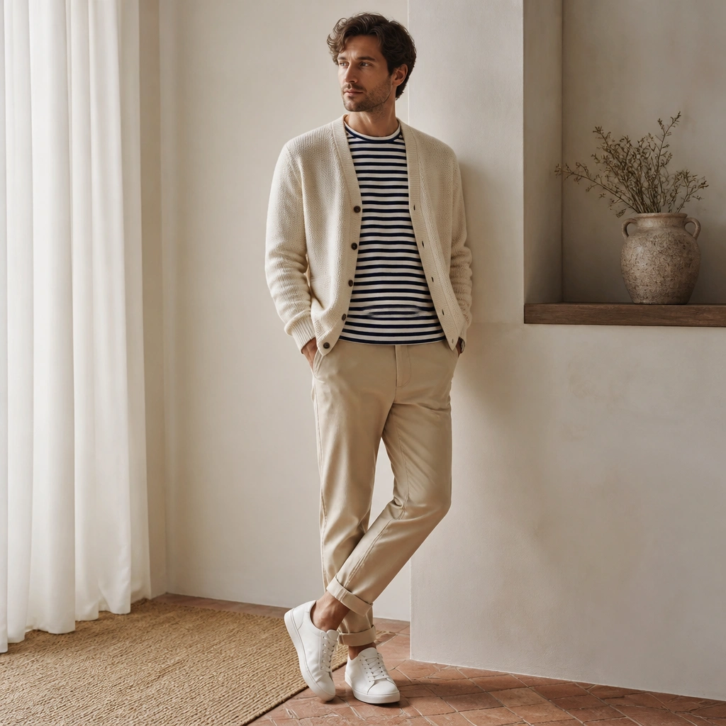 A man wearing a cream cardigan over a navy-and-white striped tee, beige chinos, and simple white sneakers, with a casual relaxed posture.