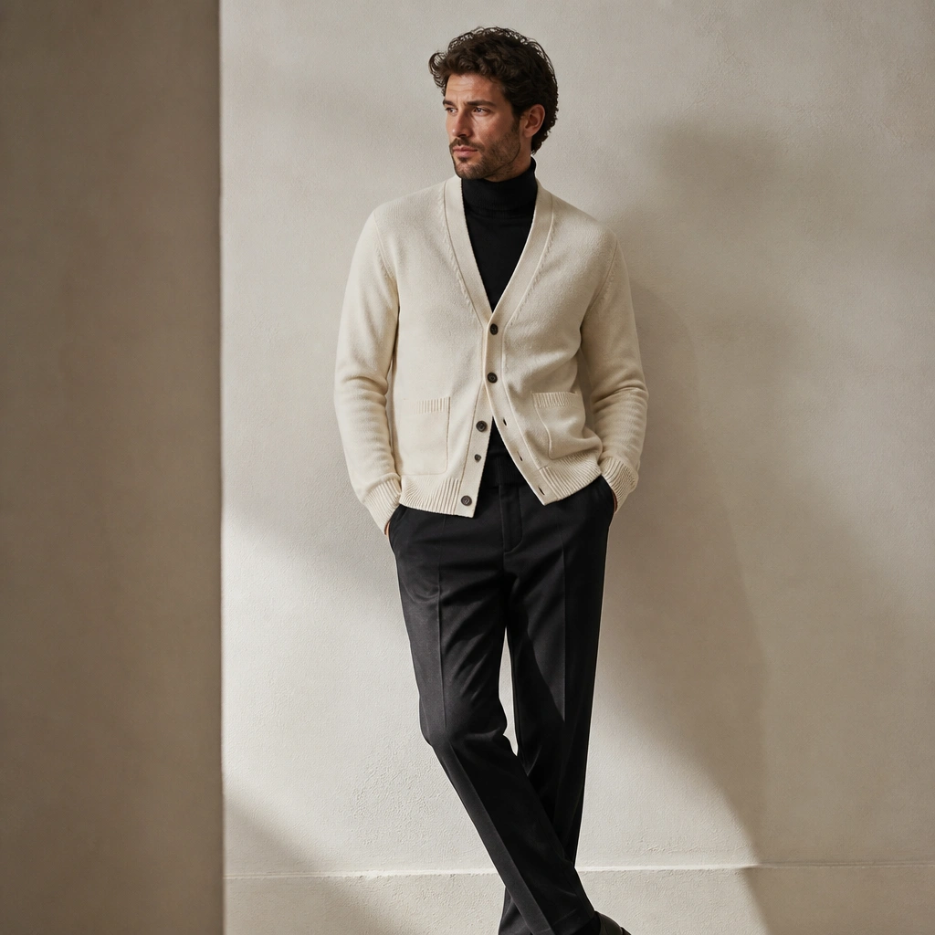 A man in a cream cardigan over a black turtleneck, wearing straight-leg tailored trousers in black or deep gray, photographed against a clean wall background.