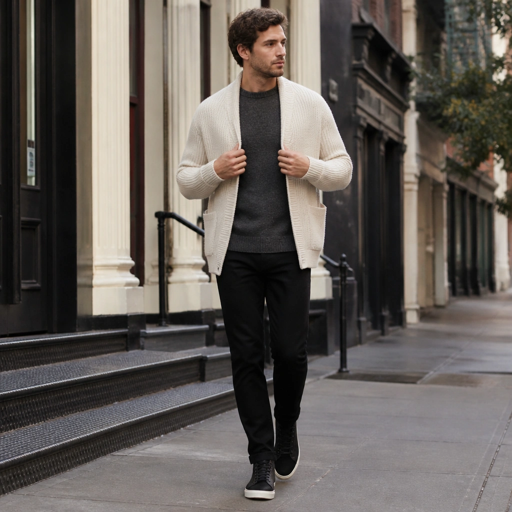 A man layering an open cream cardigan over a charcoal crewneck sweater, wearing black jeans and black high-top sneakers, photographed in a city street scene.