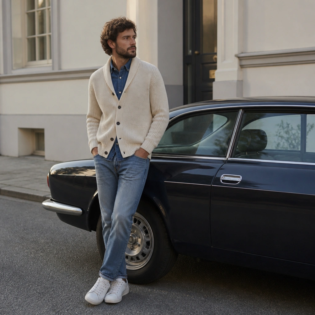 A man wearing a cream cardigan over a blue denim shirt, with medium-wash jeans and white leather trainers, standing near a parked car in daylight.